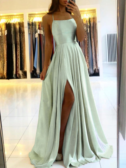 Schlichtes Langes Abendkleid Spaghettiträger Ballkleider Mit Schlitz