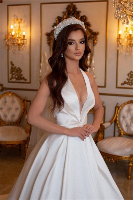 Simple Long Ivory A-line V-neck Sleeveless Satin Wedding Dresses