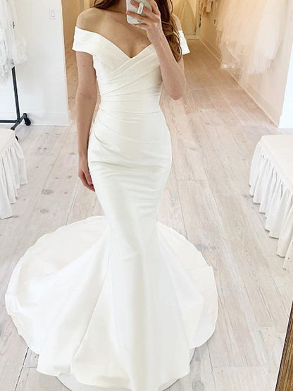 Einfaches langes Meerjungfrau-Brautkleid mit schulterfreiem Chiffon-Satin