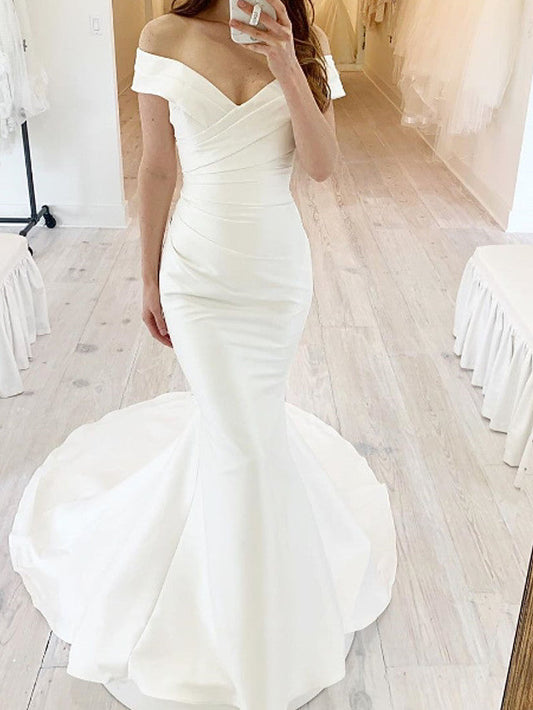 Einfaches langes Meerjungfrau-Brautkleid mit schulterfreiem Chiffon-Satin