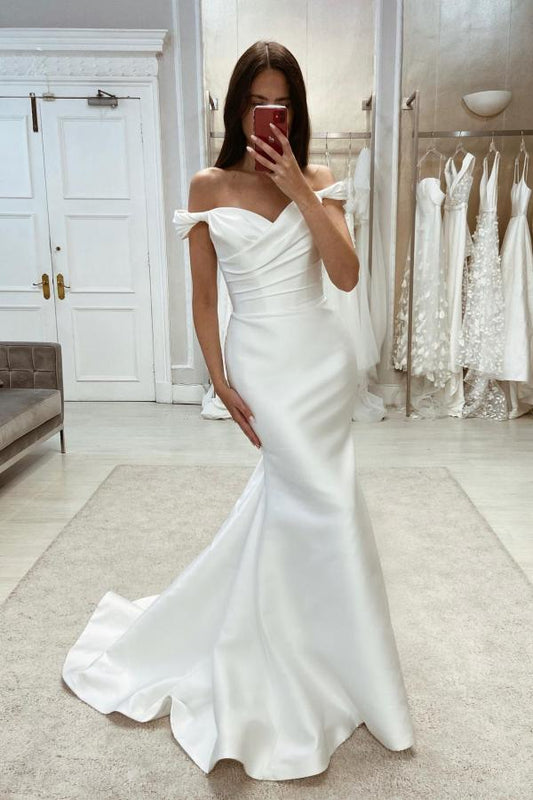 Einfaches langes Meerjungfrau-Brautkleid mit schulterfreiem Satin