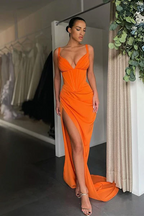 Simple Long Mermaid V-neck Sleeveless Prom Dress With Slit