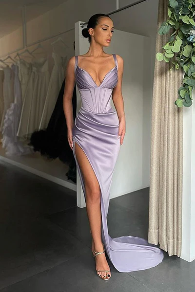 Einfaches langes Meerjungfrau-Ballkleid mit V-Ausschnitt und Schlitz