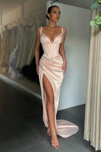 Simple Long Mermaid V-neck Sleeveless Prom Dress With Slit