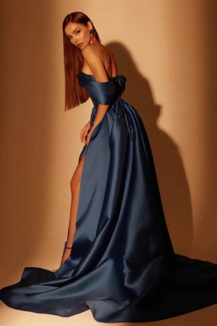 Vestidos de fiesta sencillos, largos, azul marino, corte A, hombros descubiertos y abertura