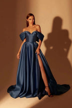 Vestidos de fiesta sencillos, largos, azul marino, corte A, hombros descubiertos y abertura