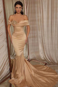 Simple Long off-the-shoulder Ruffles Satin Mermaid Prom Dress