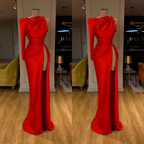 Vestido de fiesta sencillo, largo, rojo, de satén estilo sirena, con abertura y manga larga