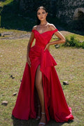 Vestidos de fiesta sencillos de corte sirena, largos y rojos, con hombros descubiertos y abertura