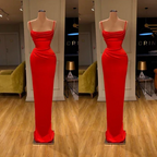 Vestido de fiesta sencillo, largo, rojo, con tirantes finos, corte sirena y sin mangas