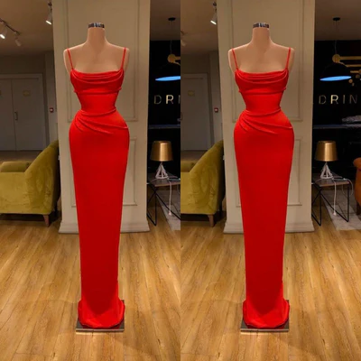 Vestido de fiesta sencillo, largo, rojo, con tirantes finos, corte sirena y sin mangas