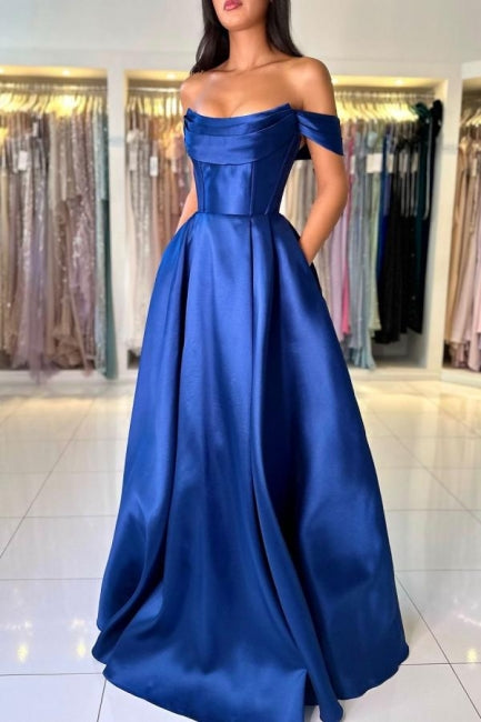 Schlichtes, langes, schulterfreies, ärmelloses A-Linien-Ballkleid aus Satin in Königsblau