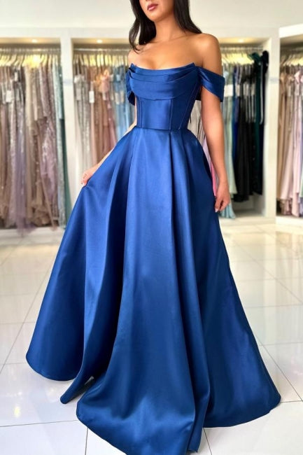 Schlichtes, langes, schulterfreies, ärmelloses A-Linien-Ballkleid aus Satin in Königsblau