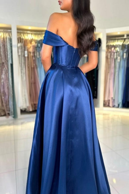 Schlichtes, langes, schulterfreies, ärmelloses A-Linien-Ballkleid aus Satin in Königsblau