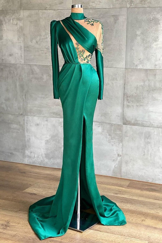 Schlichtes langärmliges, hochgeschlossenes Meerjungfrau-Ballkleid mit Schlitz