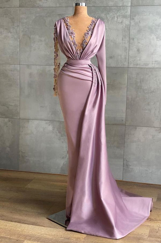 Schlichtes langes Meerjungfrau-Ballkleid aus Spitze mit V-Ausschnitt und Ärmeln