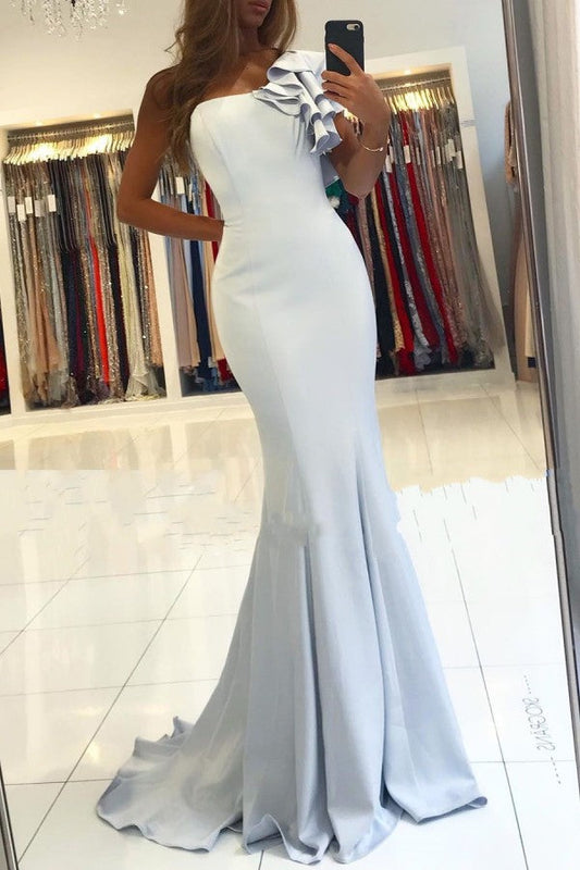 Vestido de fiesta largo de satén con escote sirena, sencillo, con un hombro al descubierto y espalda descubierta