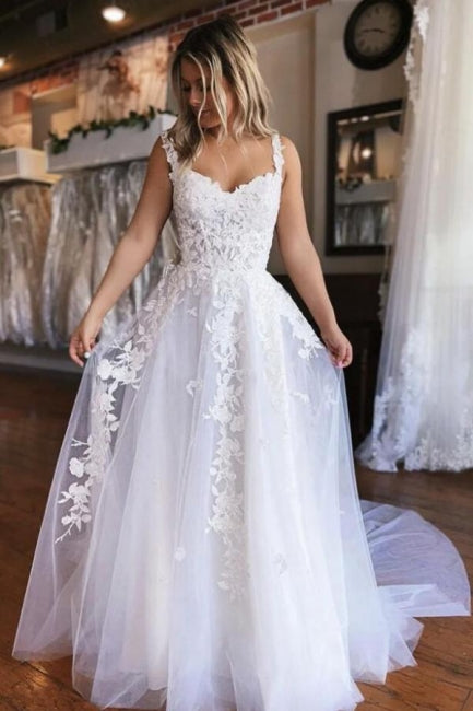 Schlichtes schulterfreies ärmelloses A-Linien-Brautkleid mit Spitze