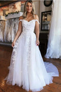 Vestido de novia sencillo, sin mangas, con hombros descubiertos y encaje