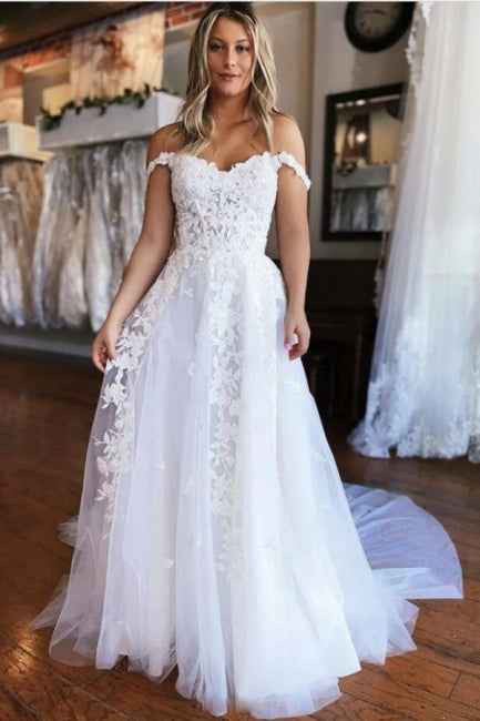 Schlichtes schulterfreies ärmelloses A-Linien-Brautkleid mit Spitze