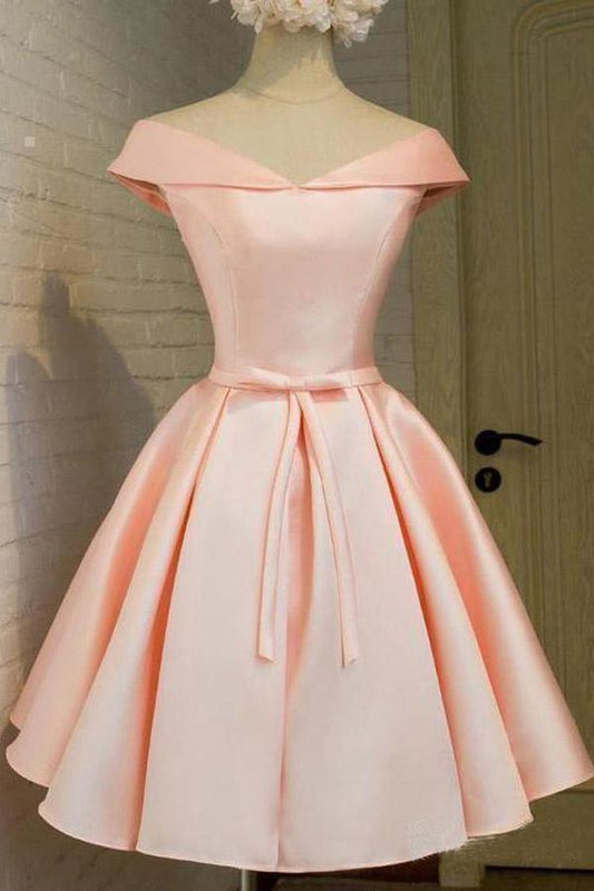 Vestido de fiesta sencillo con hombros descubiertos en satén color ruborizado PD288