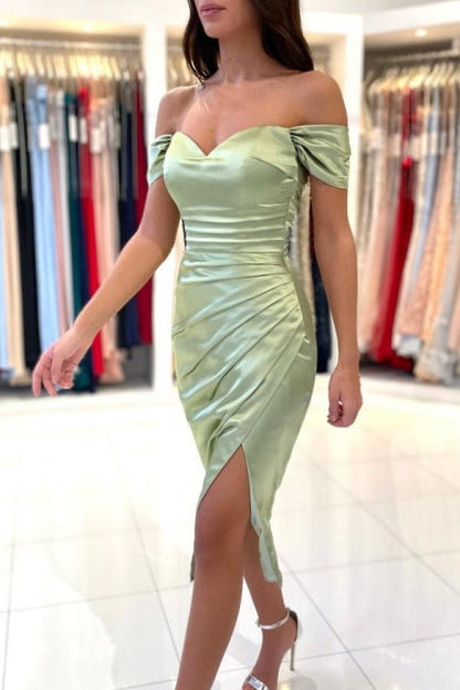 Simple Off-the-shoulder Evening Dresses Short Sage Prom Dresses With Slit