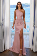Einfache One-Shoulder-Abendkleider Lange Rosa Ballkleider Mit Schlitz