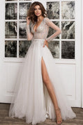 Simple Pleats Sequins V-neck Long Sleeve Brush A-Line Wedding Dresses