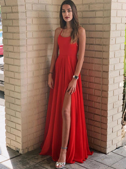Vestidos de fiesta largos de gasa con escote en A, espalda descubierta y abertura en la pierna, color rojo sencillo