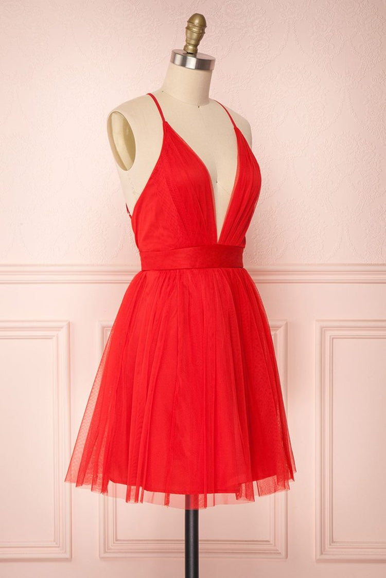 Vestidos de fiesta cortos de tul con escote en V, sencillos y rojos, sin espalda y corte A