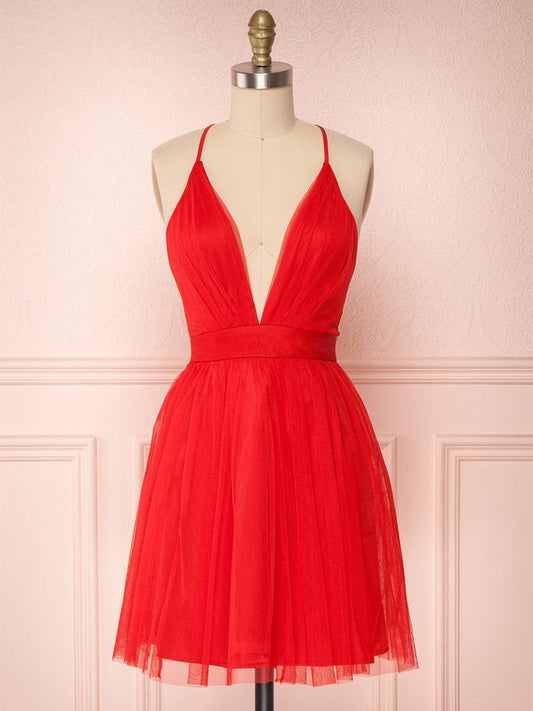 Vestidos de fiesta cortos de tul con escote en V, sencillos y rojos, sin espalda y corte A