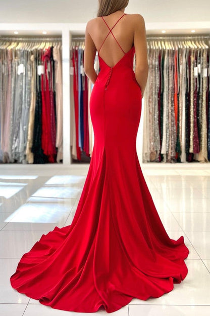 Vestidos de fiesta sencillos de sirena, largos, rojos, con escote en V y espalda abierta