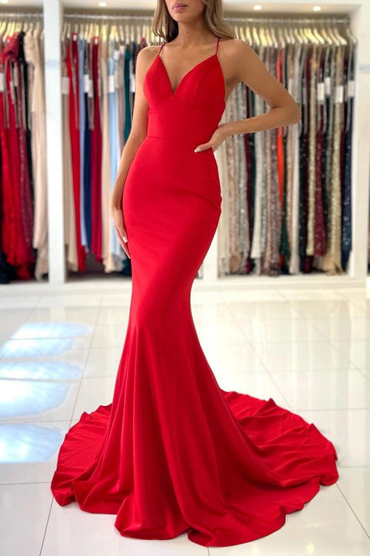 Vestidos de fiesta sencillos de sirena, largos, rojos, con escote en V y espalda abierta