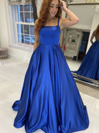 Vestido de noche de graduación formal, sencillo, azul real, largo, de satén, corte A, sin espalda