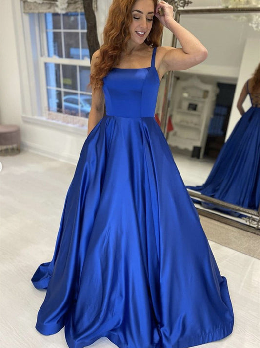 Schlichtes, königsblaues, langes, rückenfreies A-Linien-Satin-Kleid für formelle Abschlussfeiern, Abend- und Ballkleider