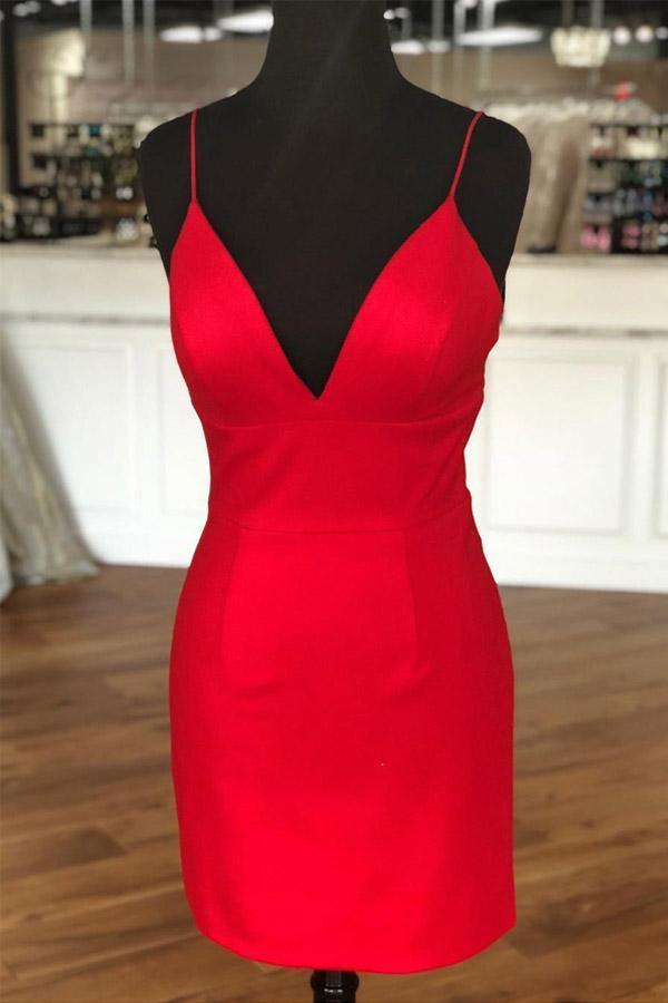 Einfaches Etuikleid mit V-Ausschnitt und Trägern in Rot, Mini-Partykleid, Heimkehrkleid PD398