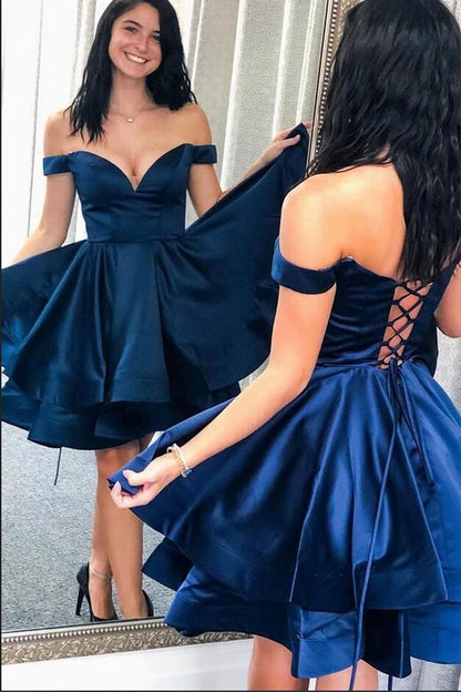 Vestido de fiesta sencillo, corto, de satén, con escote en A y hombros descubiertos, sin espalda