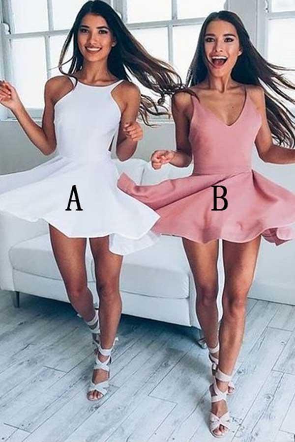 Vestido blanco corto sencillo sin espalda para fiesta de bienvenida, graduación, PG108