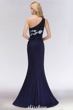 Schlichte, seitlich geschlitzte One-Shoulder-Ballkleider | A-Linien-Abendkleider im Meerjungfrauen-Stil mit Blumenapplikationen