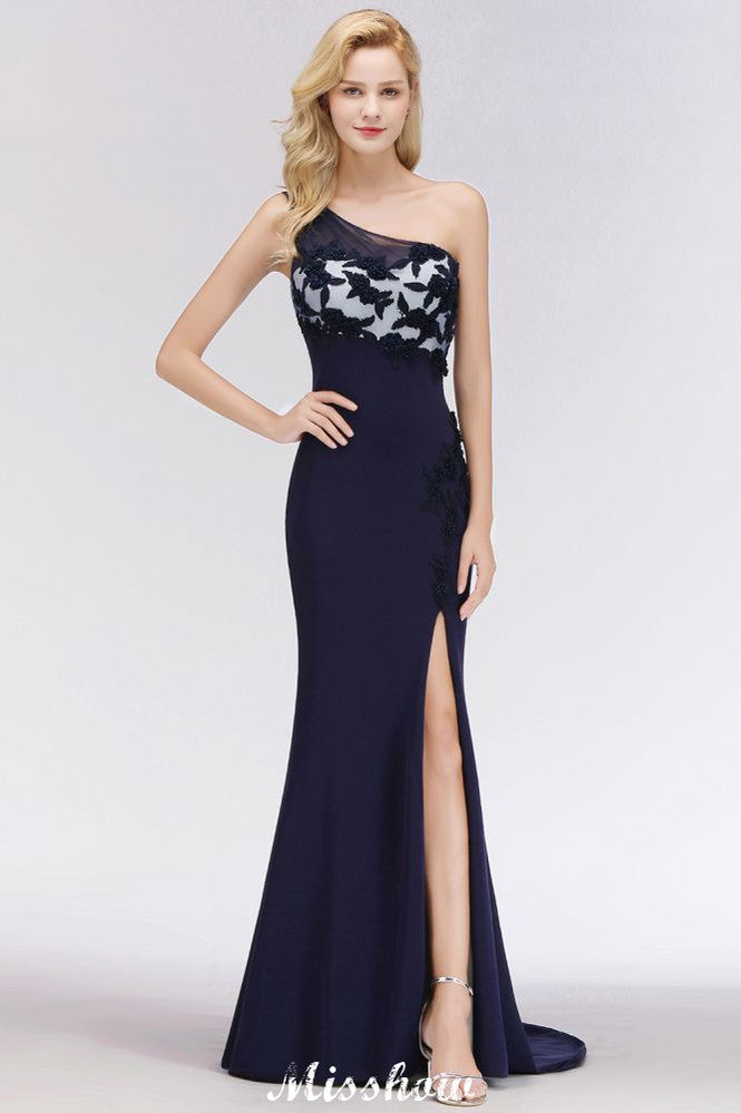 Schlichte, seitlich geschlitzte One-Shoulder-Ballkleider | A-Linien-Abendkleider im Meerjungfrauen-Stil mit Blumenapplikationen