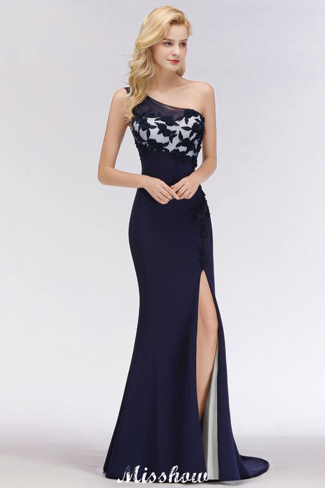 Schlichte, seitlich geschlitzte One-Shoulder-Ballkleider | A-Linien-Abendkleider im Meerjungfrauen-Stil mit Blumenapplikationen