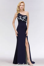Schlichte, seitlich geschlitzte One-Shoulder-Ballkleider | A-Linien-Abendkleider im Meerjungfrauen-Stil mit Blumenapplikationen