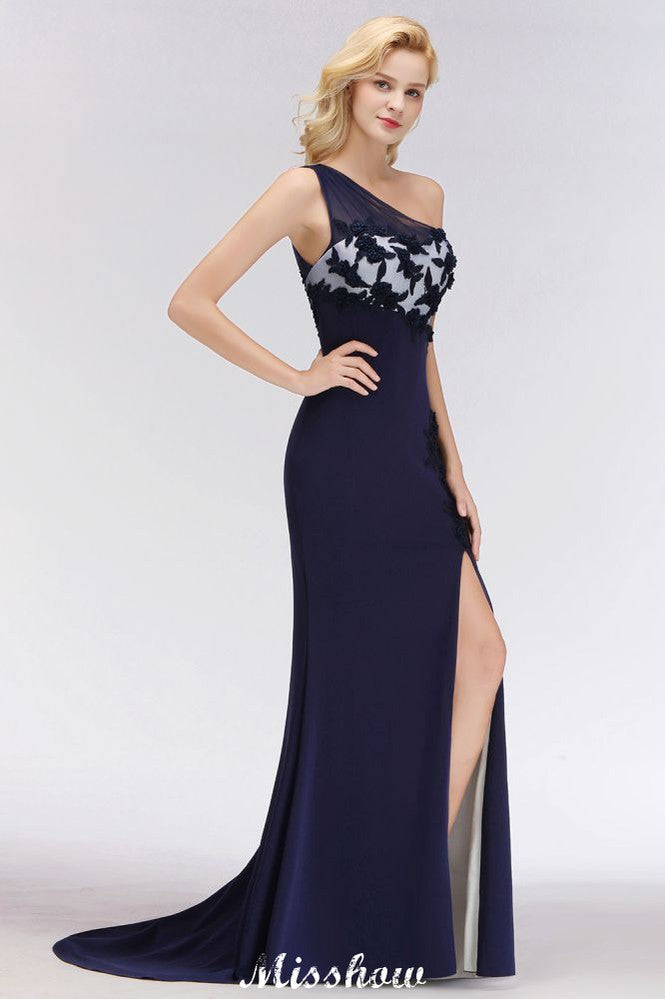 Schlichte, seitlich geschlitzte One-Shoulder-Ballkleider | A-Linien-Abendkleider im Meerjungfrauen-Stil mit Blumenapplikationen