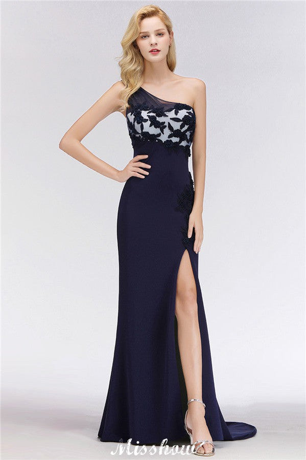 Schlichte, seitlich geschlitzte One-Shoulder-Ballkleider | A-Linien-Abendkleider im Meerjungfrauen-Stil mit Blumenapplikationen
