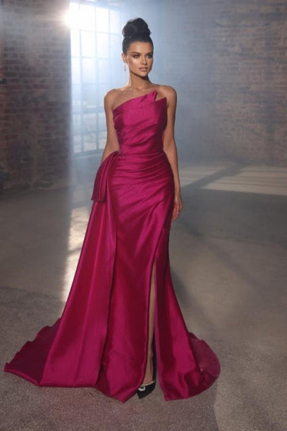 Vestidos de noche sencillos sin mangas fucsia, vestidos de fiesta largos con abertura