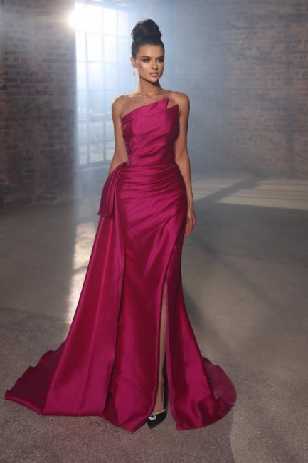 Vestidos de noche sencillos sin mangas fucsia, vestidos de fiesta largos con abertura