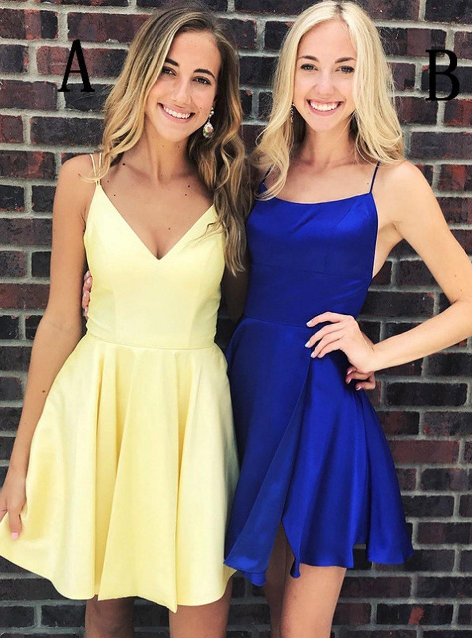 Vestido de fiesta corto amarillo/azul rey con tirantes finos PD275
