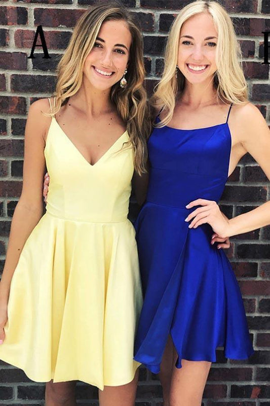 Einfaches kurzes Homecoming-Kleid mit Spaghettiträgern in Gelb/Königsblau PD275