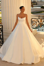 Simple spaghetti straps sleeveless ball gown satin wedding dress