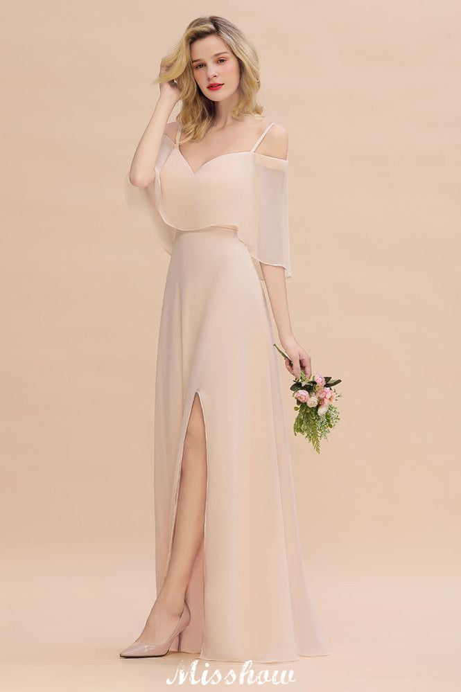Vestidos de dama de honor sencillos con tirantes finos y capas | Vestidos largos de noche sin mangas, corte A y abertura lateral
